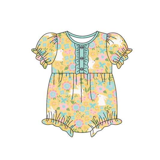 Preorder(moq 8)Baby Girls Flowers Rabbits Easter Button Ruffle Rompers