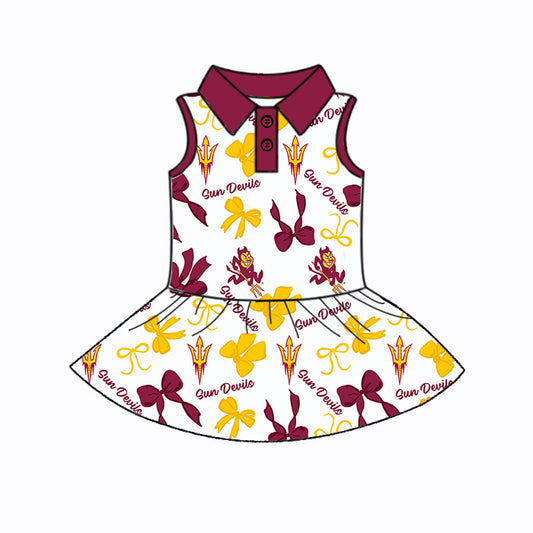 Preorder (moq 5)Baby Girls Red Sleeveless Sun Devils Bows Plaid Button Team Knee Length Dresses