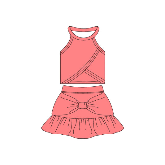 Preorder moq 10 Baby Girls Watermelon Sleeveless Vest Top Bow Ruffle Short Skirts Activity Wear Yoga Set