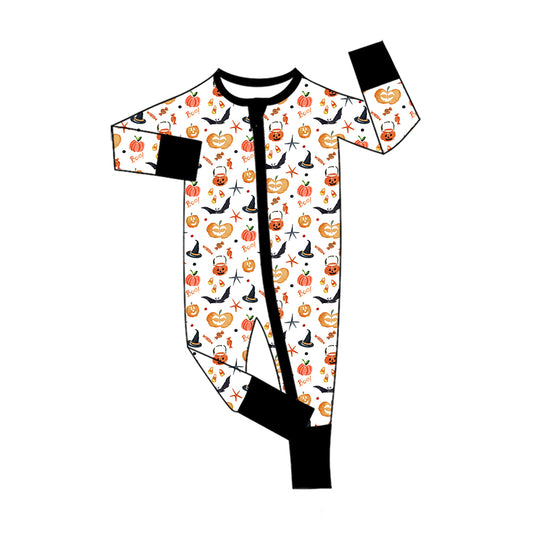 Preorder (moq 5)Baby Boys Ghost Pumpkins Bats Halloween Two Way Zip Convertible Rompers