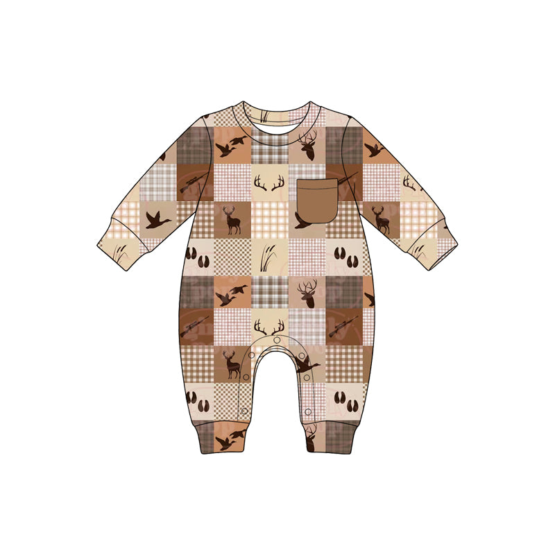 Preorder(moq5) Unisex Long Sleeve Romper Patchwork Deer Duck Hunting Print Breathable Soft Snap Crotc