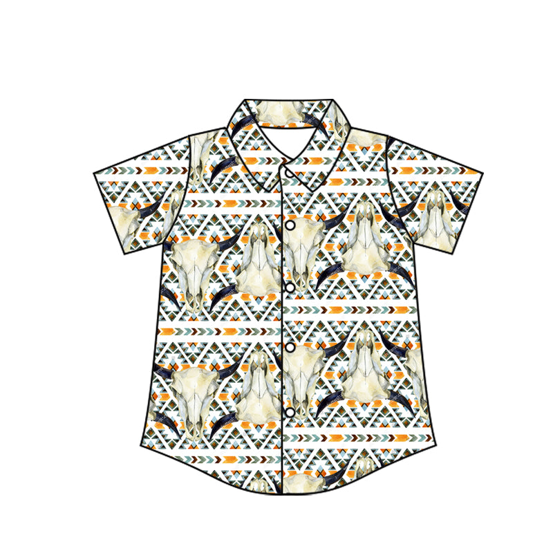 Preorder moq 10 Baby Boys Short Sleeves Khaki Aztec Bull Skull Button Shirts Top