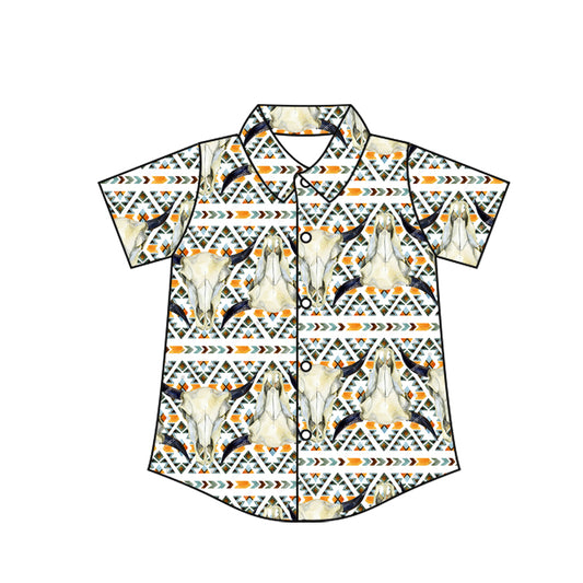 Preorder moq 10 Baby Boys Short Sleeves Khaki Aztec Bull Skull Button Shirts Top