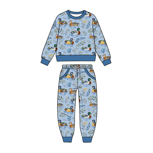 Preorder (moq 5) Baby Boy Blue Duck Water Foliage Print Long Sleeve Sweatshirt Jogger Pant Set