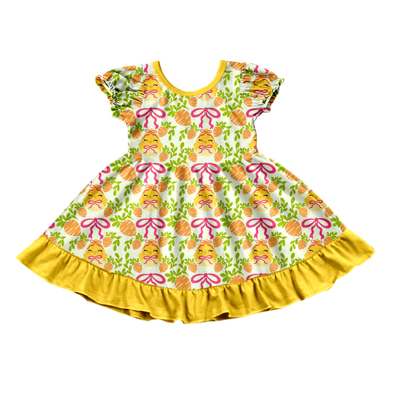 Preorder (moq 5) Baby Girl Clothes Easter Chick Egg Bow Carrot Print Short Sleeve Ruffle Twirl Dress