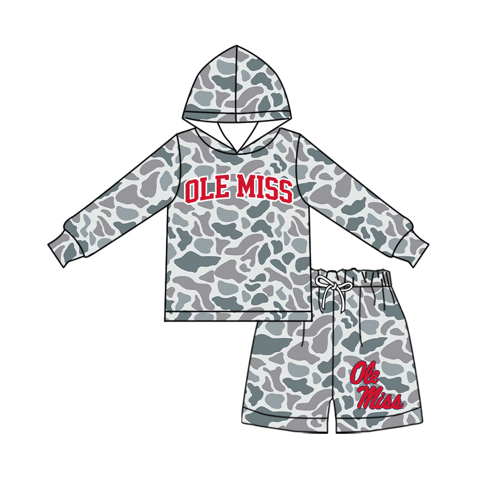 Preorder (moq 5) Baby Boys Ole Miss Camouflage Hoodie Short Team Clothes Sets