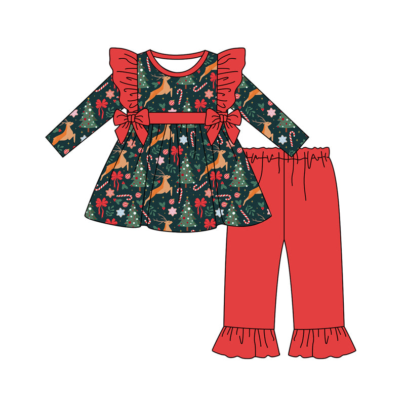 Preorder (moq 5)Baby Girls Long Sleeves Trees Deer Red Bows Tunic Ruffle Pant Set
