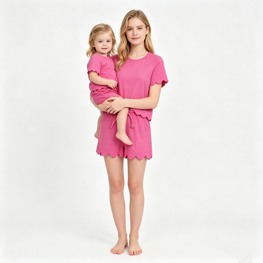 Mama and Me Girls Hot Pink Top Pockets Short Scallop Cotton Clothes Sets