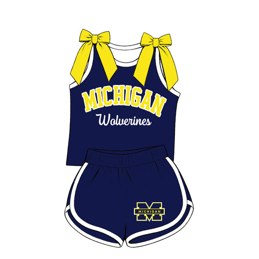 Preorder (moq 5) Baby Girls Yellow Bows Michigan Vest Short Team Clothes Set