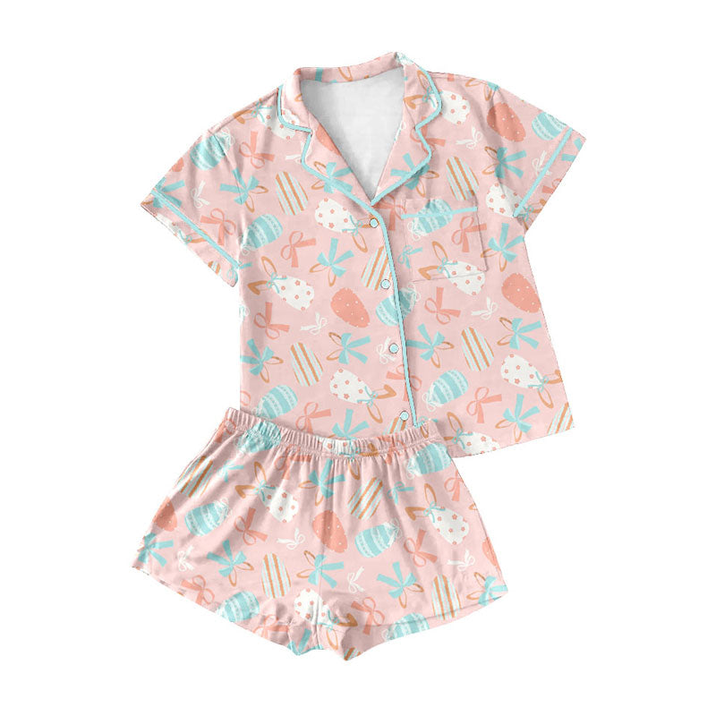 Preorder (moq 5)Baby Girls Colorful Bows Eggs Button Pocket Top Shorts Easter Pajamas Sets