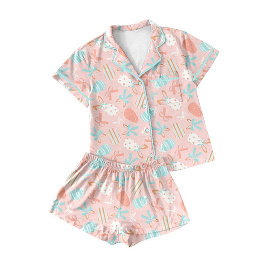 Preorder (moq 5)Baby Girls Colorful Bows Eggs Button Pocket Top Shorts Easter Pajamas Sets