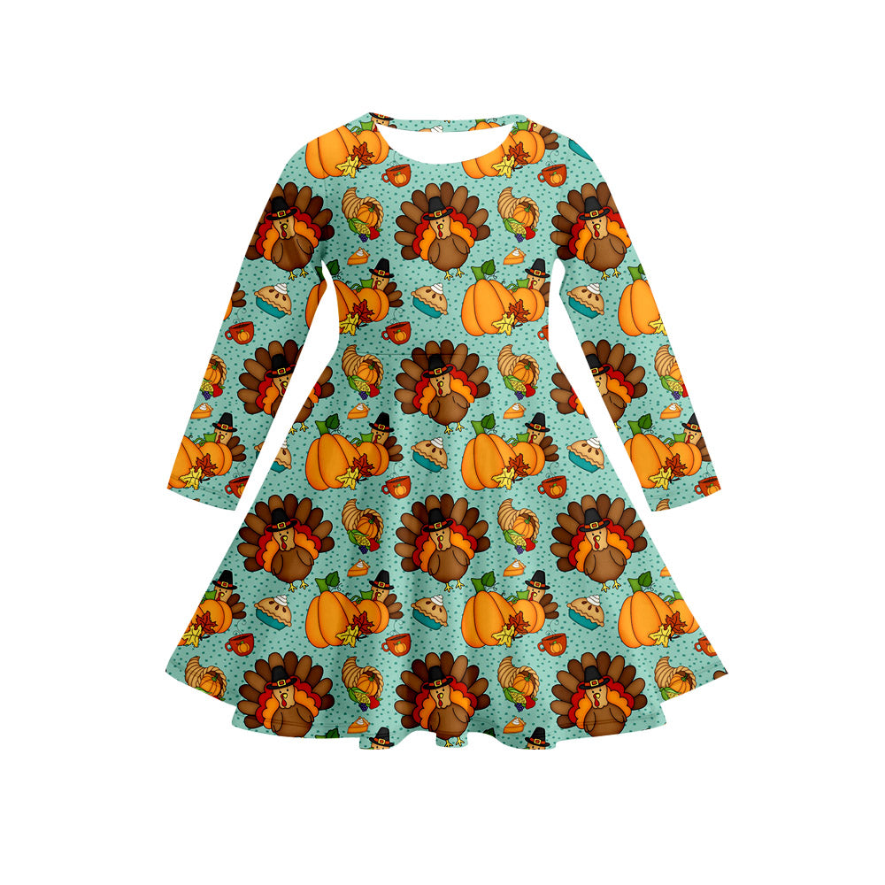 Preorder (moq 5)Baby Girls Long Sleeves Pumpkins Pie Turkey Plaid Knee Length Dresses