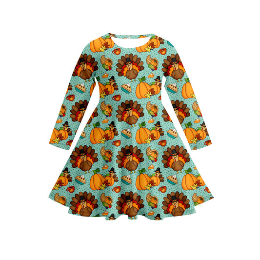 Preorder (moq 5)Baby Girls Long Sleeves Pumpkins Pie Turkey Plaid Knee Length Dresses