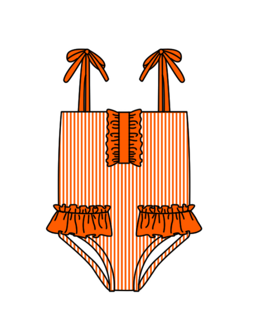 Preorder moq 5 Baby Girls Strap Orange Stripe Team Swimsuits