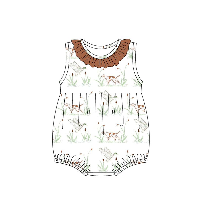 Preorder (moq 5)Baby Girls Brown Sleeveless Ducks Dogs Ruffle Rompers