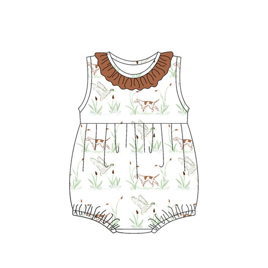 Preorder (moq 5)Baby Girls Brown Sleeveless Ducks Dogs Ruffle Rompers