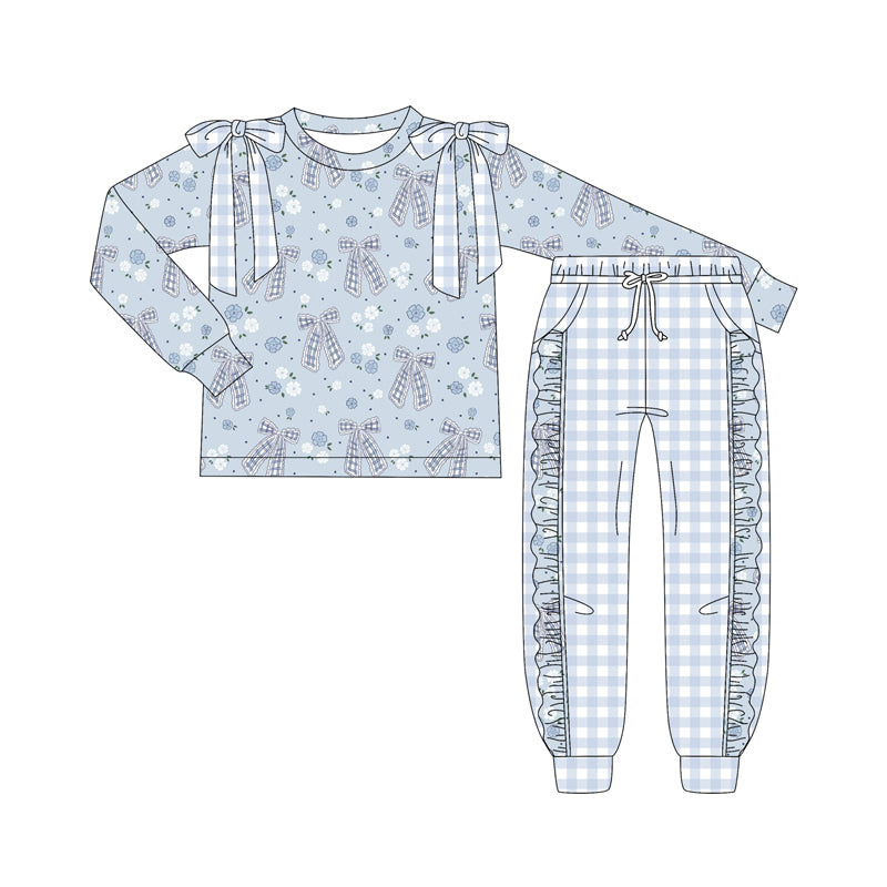 Preorder (moq 5)Baby Girls Blue Bows Flowers Plaid Top Pockets Legging Pant Set