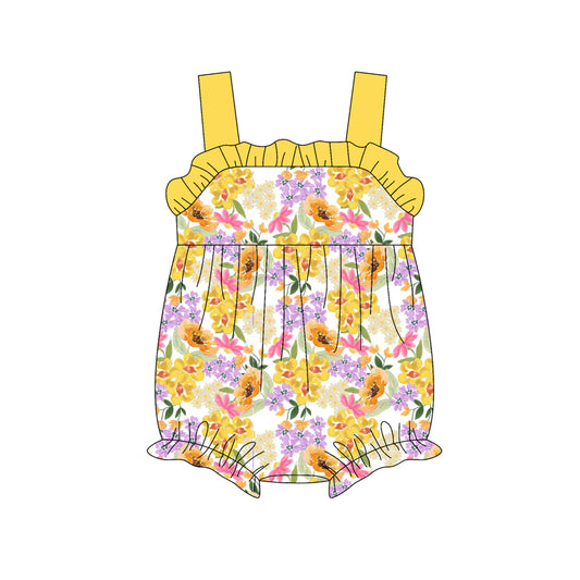 Preorder(moq 5)Baby Infant Girls Yellow Strap Watercolor Floral Ruffle Rompers