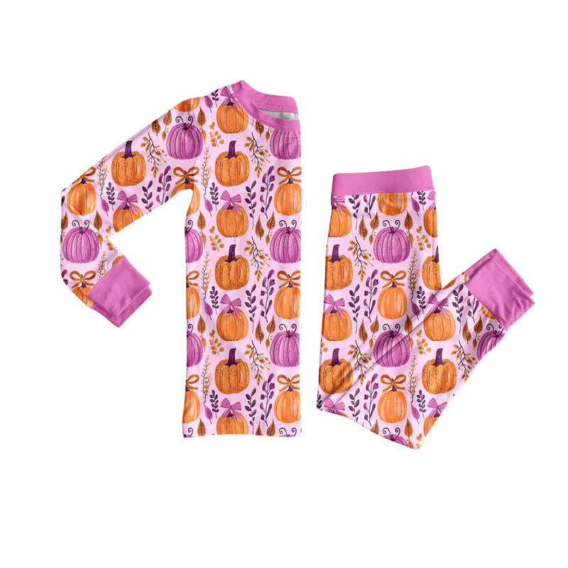 Preorder (moq 5)Baby Girls Hot Pink Long Sleeves Floral Pumpkins Top Pant Pajamas Set