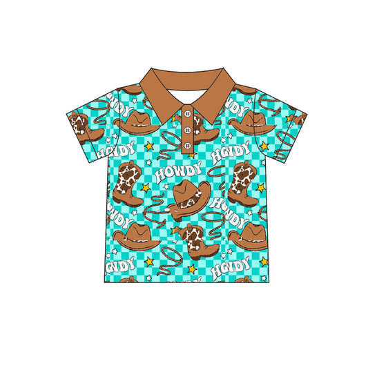 Preorder (moq 8)Baby Boys Aqua Checked Button Hats Boots Howdy Western Polo Shirts Tops