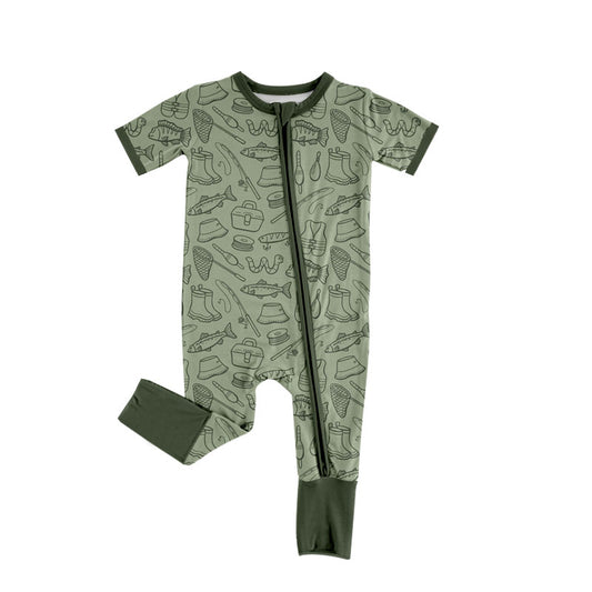 Preorder (moq 5)Baby Boys Short Sleeve Fishing Hunting Two Way Zip Convertible Rompers