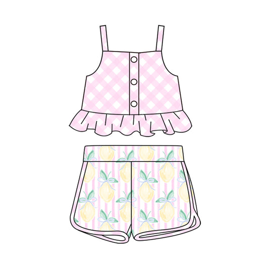 Preorder (moq 5)Baby Girls Pink Checkered Straps Top Lemon Stripes Shorts Clothes Sets