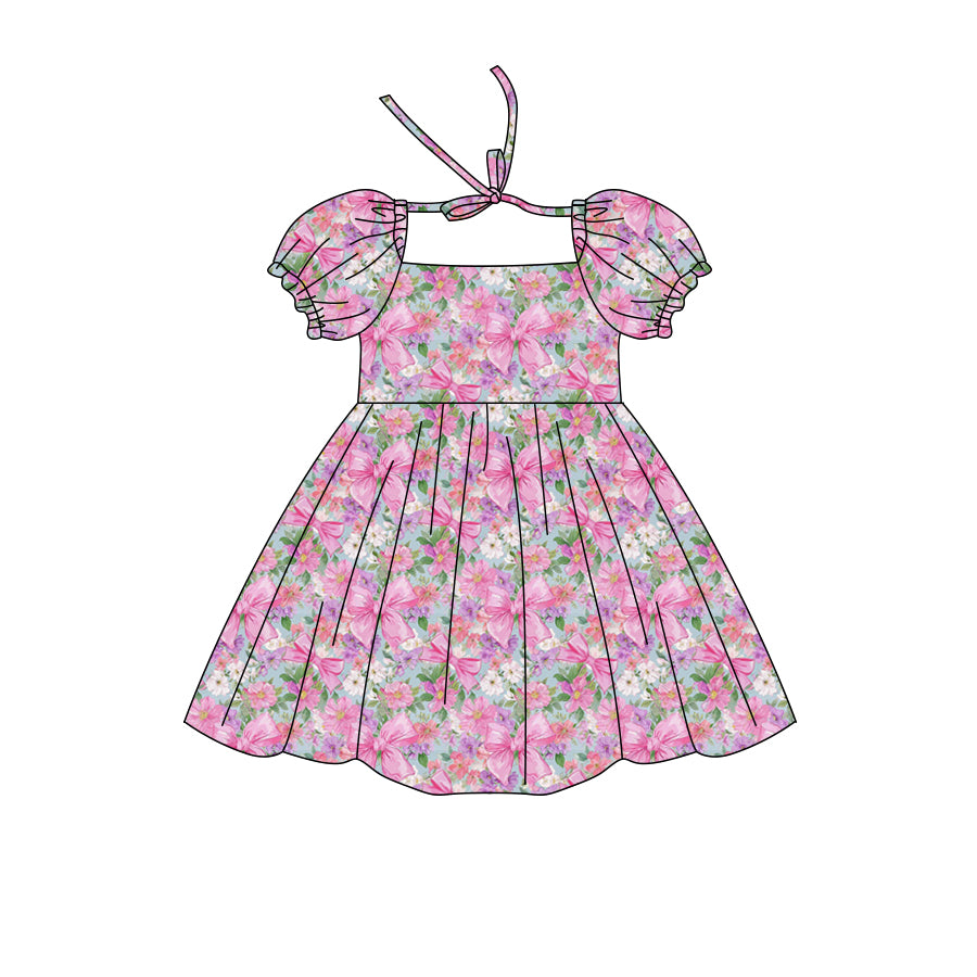 Preorder (moq 5)Baby Girls Short Ruffle Sleeve Colorful Bows Flowers Knee Length Dress