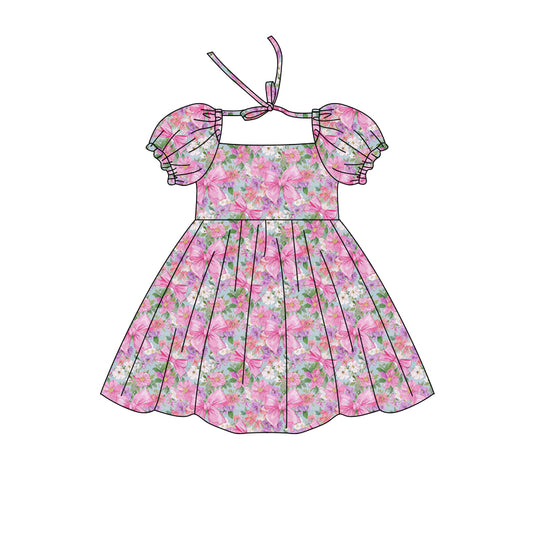 Preorder (moq 5)Baby Girls Short Ruffle Sleeve Colorful Bows Flowers Knee Length Dress