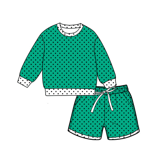 Preorder (moq 5)Baby Girls Green Long Sleeve Polka Dots Top Pockets Short Clothes Set