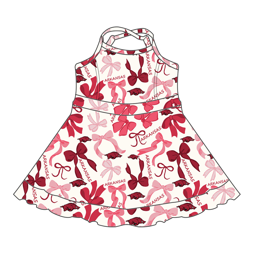 Preorder (moq 5)Baby Girls Strap Red Bull Bows Plaid Shorts Ruffle Team Knee Length Dress