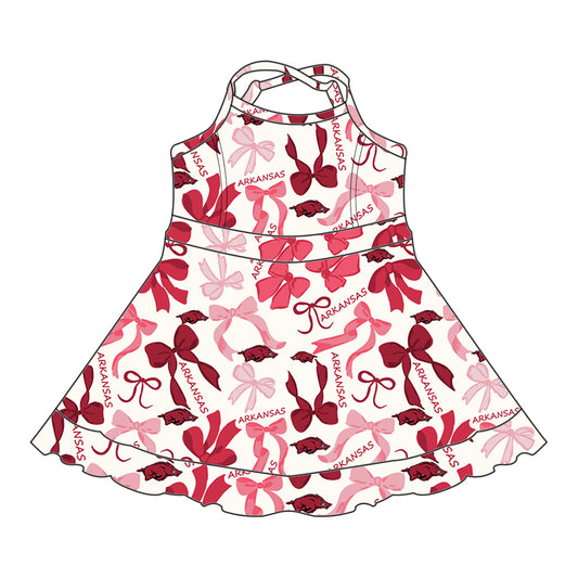 Preorder (moq 5)Baby Girls Strap Red Bull Bows Plaid Shorts Ruffle Team Knee Length Dress