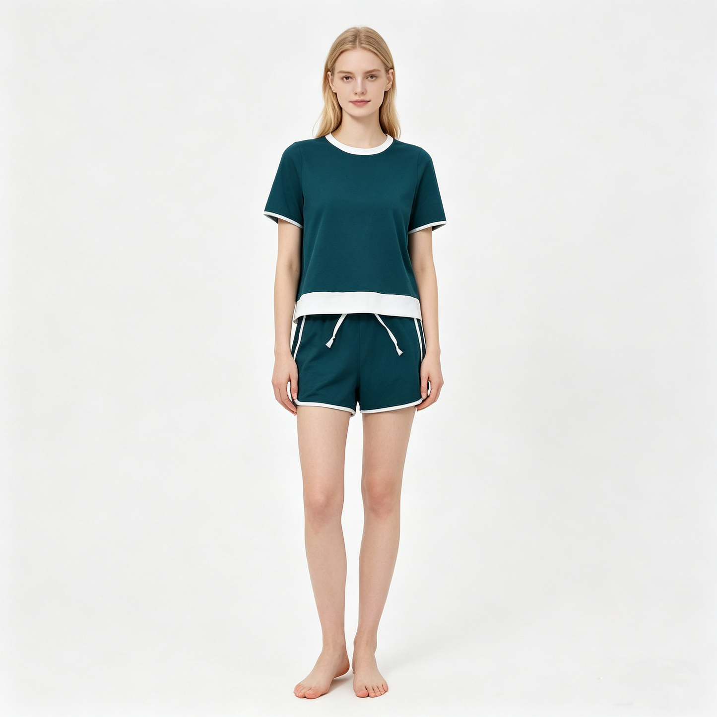 Adult Women Dark Green Short Sleeve Top Skirt Shorts Cotton Clothes Set