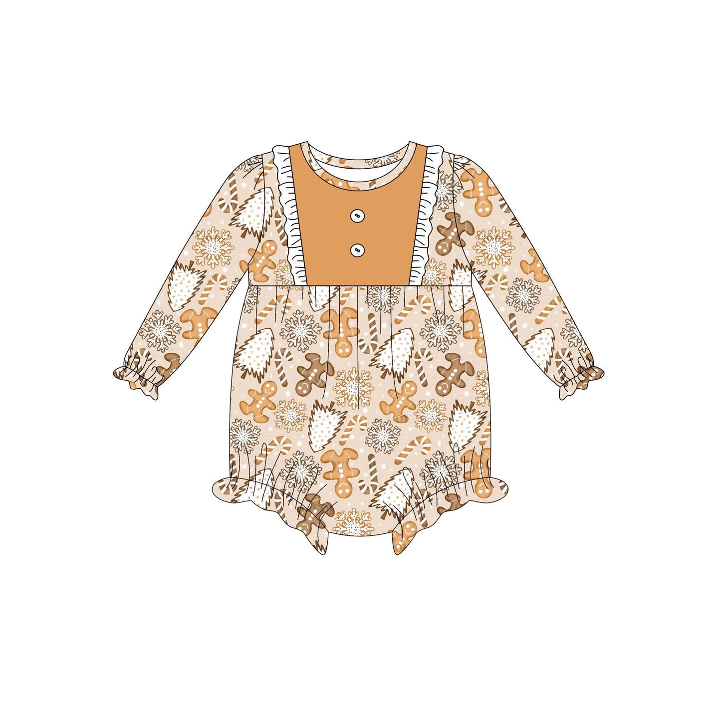 Preorder (moq 5)Baby Girls Long Sleeves Button Gingerbread Trees Plaid Ruffle Romper