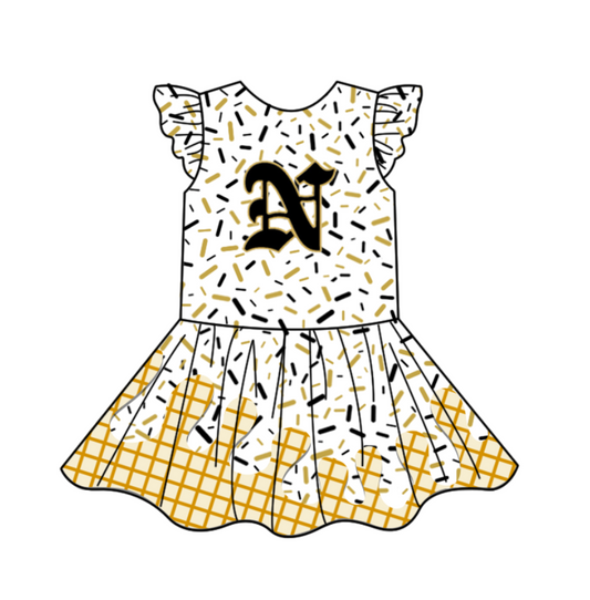 Preorder (moq 5)Baby Girls Flutter Sleeve Drip Sprinkles Team Short Knee Length Dresses