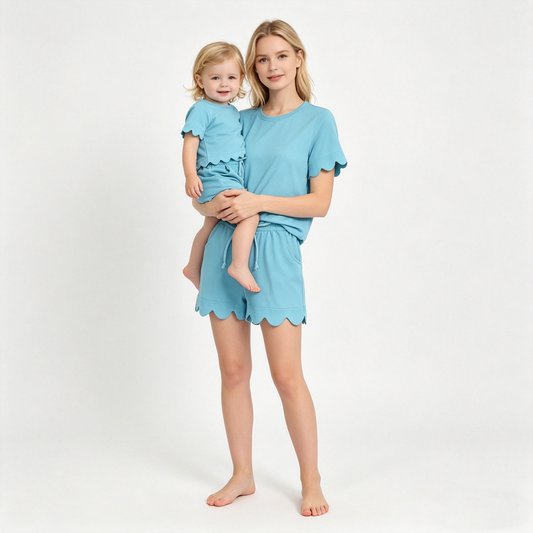 Mama and Me Girls Blue Top Pockets Short Scallop Cotton Clothes Sets