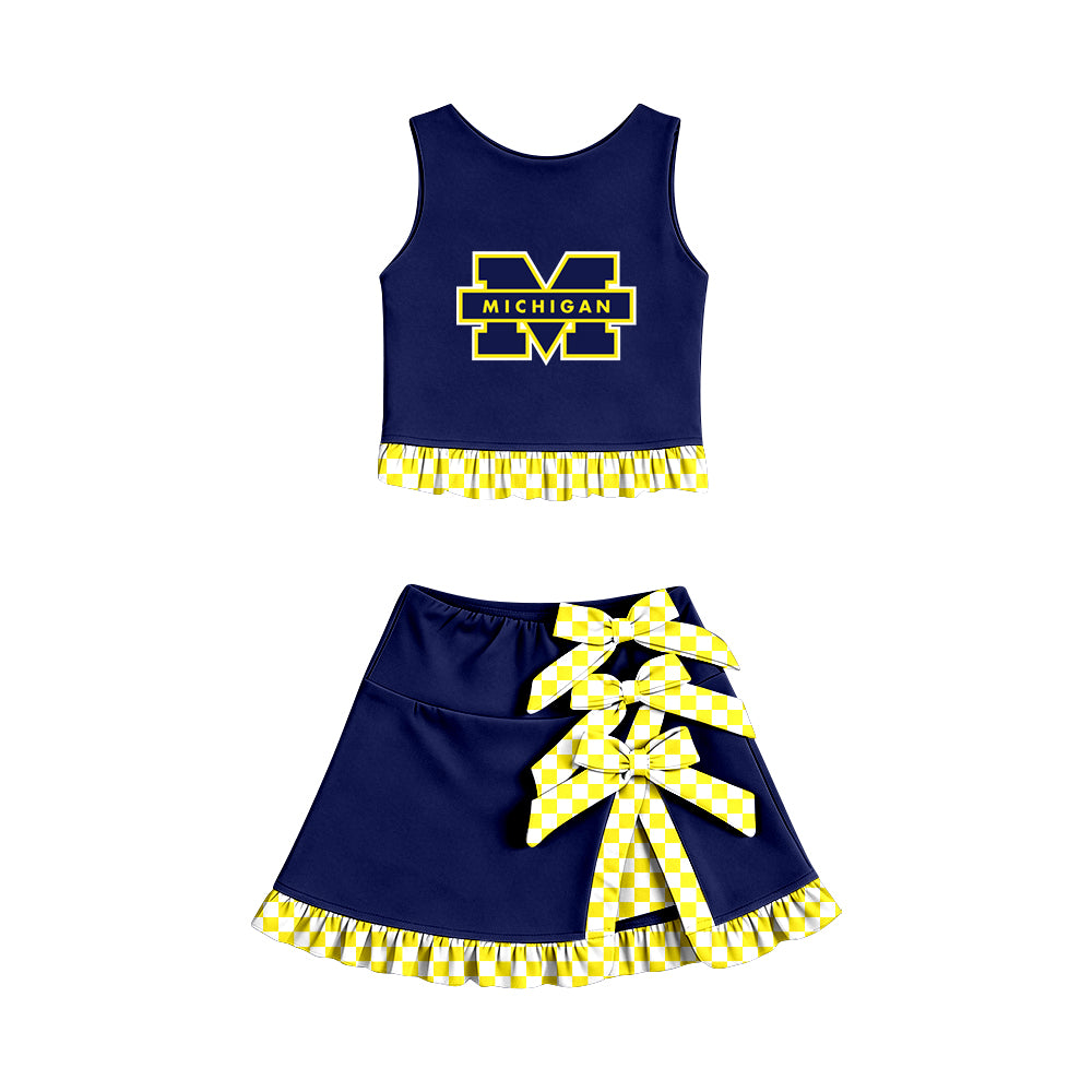 Preorder (moq 5) Baby Girls Michigan Vest Bows Skirt Short Team Clothes Set
