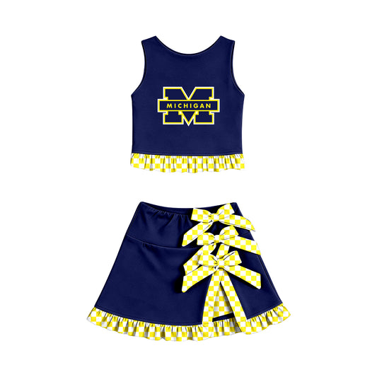 Preorder (moq 5) Baby Girls Michigan Vest Bows Skirt Short Team Clothes Set