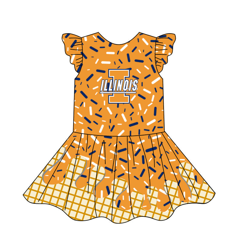 Preorder (moq 5)Baby Girls Flutter Sleeve Drip Sprinkles Team Short Knee Length Dresses