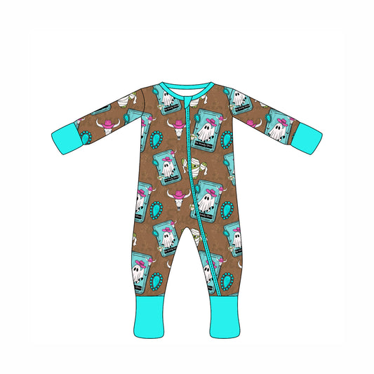Preorder moq 10 Baby Kids Blue Long Sleeves Turquoise Ghosts Zipper Pant Rompers