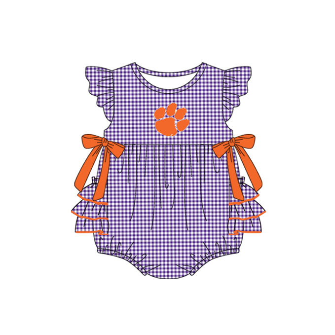 Preorder moq 5 Baby Girls Purple Plaid Flutter Sleeves Bows Pawl Team Rompers