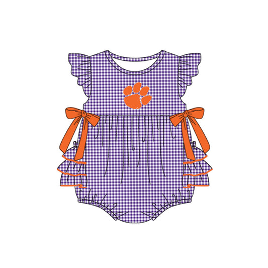 Preorder moq 5 Baby Girls Purple Plaid Flutter Sleeves Bows Pawl Team Rompers