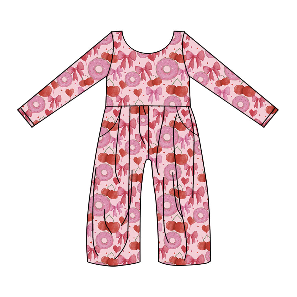 Preorder (moq 5)Baby Girls Pink Donuts Hearts Bows Valentines Pockets Jumpsuits