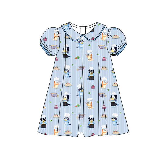 Preorder (moq 5)Baby Girls Blue Stripe Short Ruffle Sleeves Cartoon Dogs Knee Length Dresses