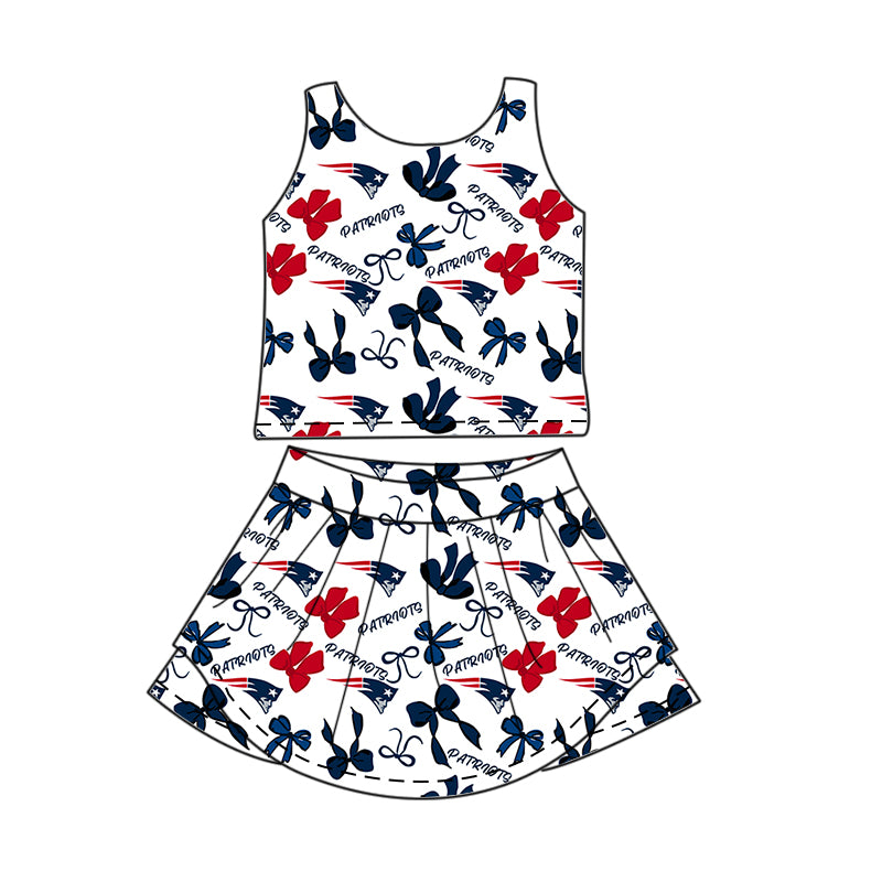 Preorder (moq 5)Baby Girls Sleeveless Bows Plaid Patriots Top Skorts Team Set