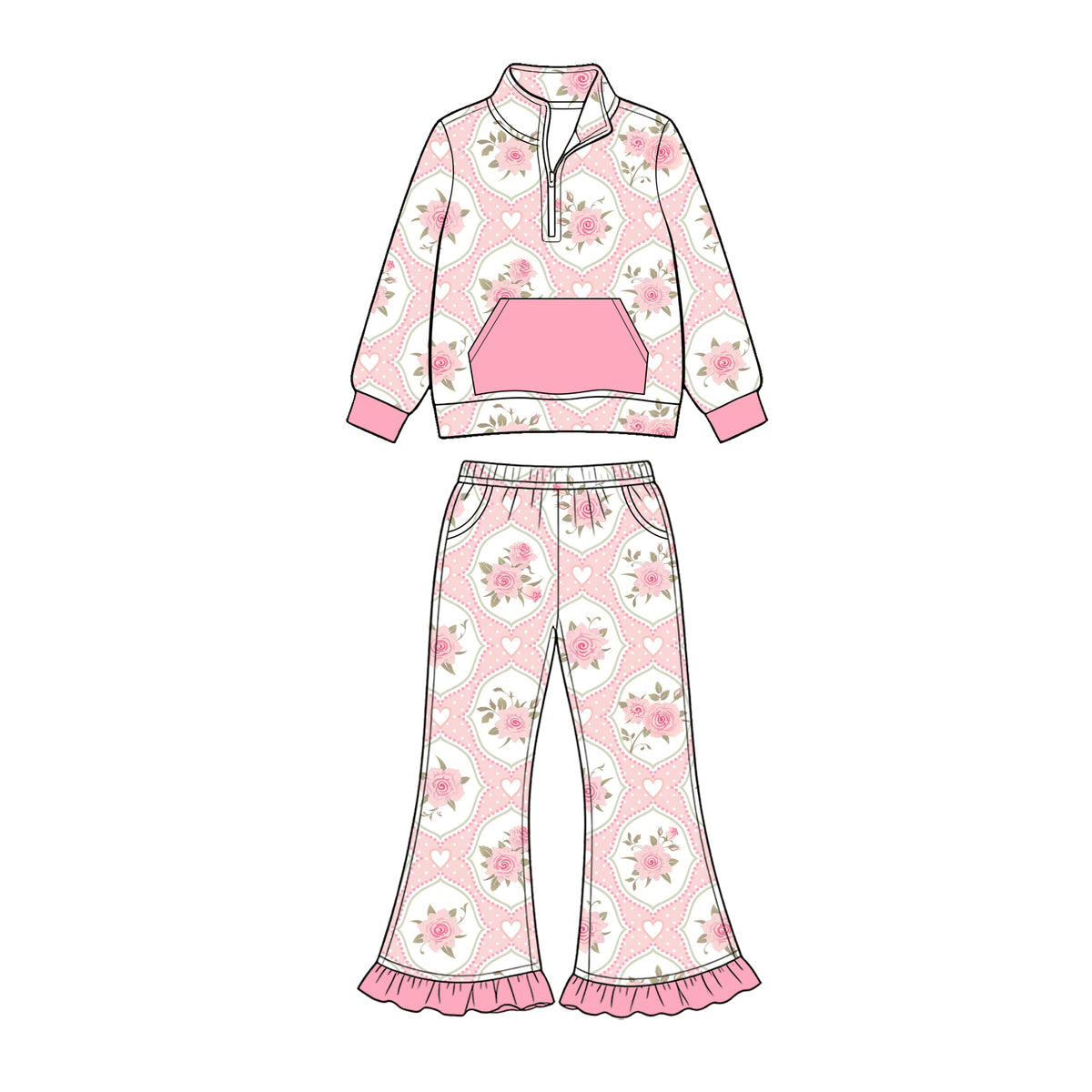 Preorder (moq 5) Baby Girl Clothes Diamond Rose Heart Allover Print Long Sleeve Half Zip Top Ruffle Flare Pant Set