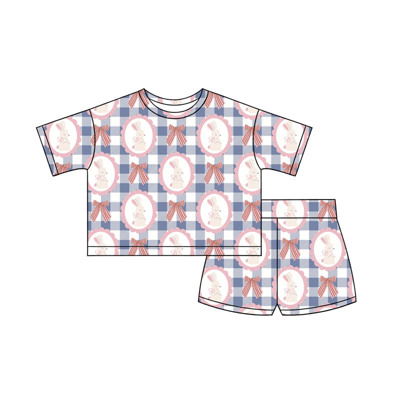 Preorder (moq 5)Baby Girls Blue Checked Bows Rabbits Top Shorts Easter Clothes Sets