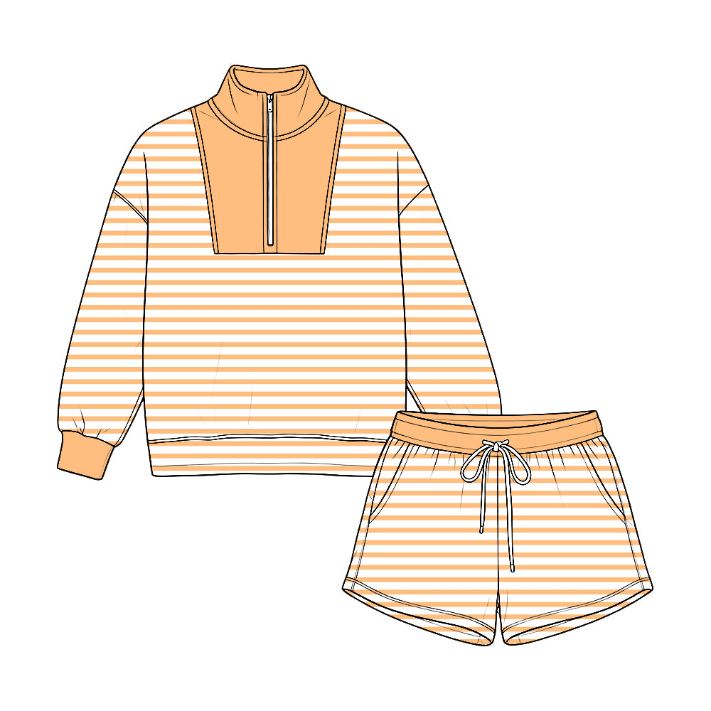 Pre-order(moq5) Kids’ Orange Half-Zip Cropped Sweatshirt & Shorts 2-Piece Athletic Set