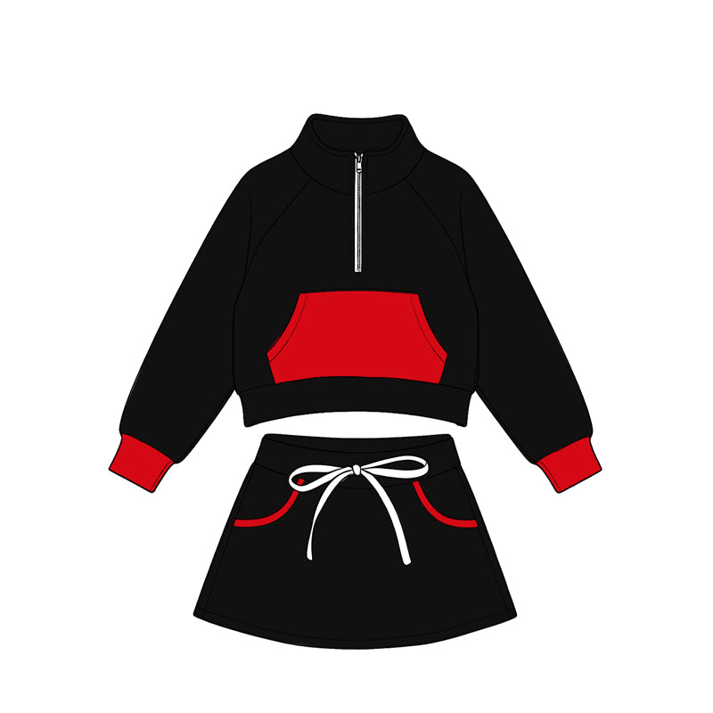 Preorder(moq5) Kids Half Zip Cropped Sweatshirt Skirt 2‑Piece Athletic Outfit