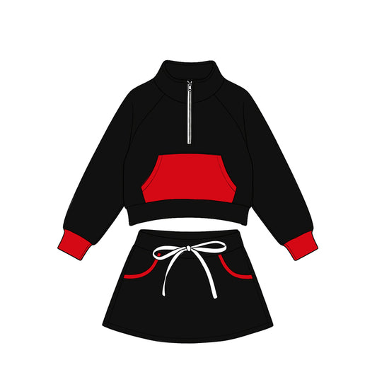 Preorder(moq5) Kids Half Zip Cropped Sweatshirt Skirt 2‑Piece Athletic Outfit