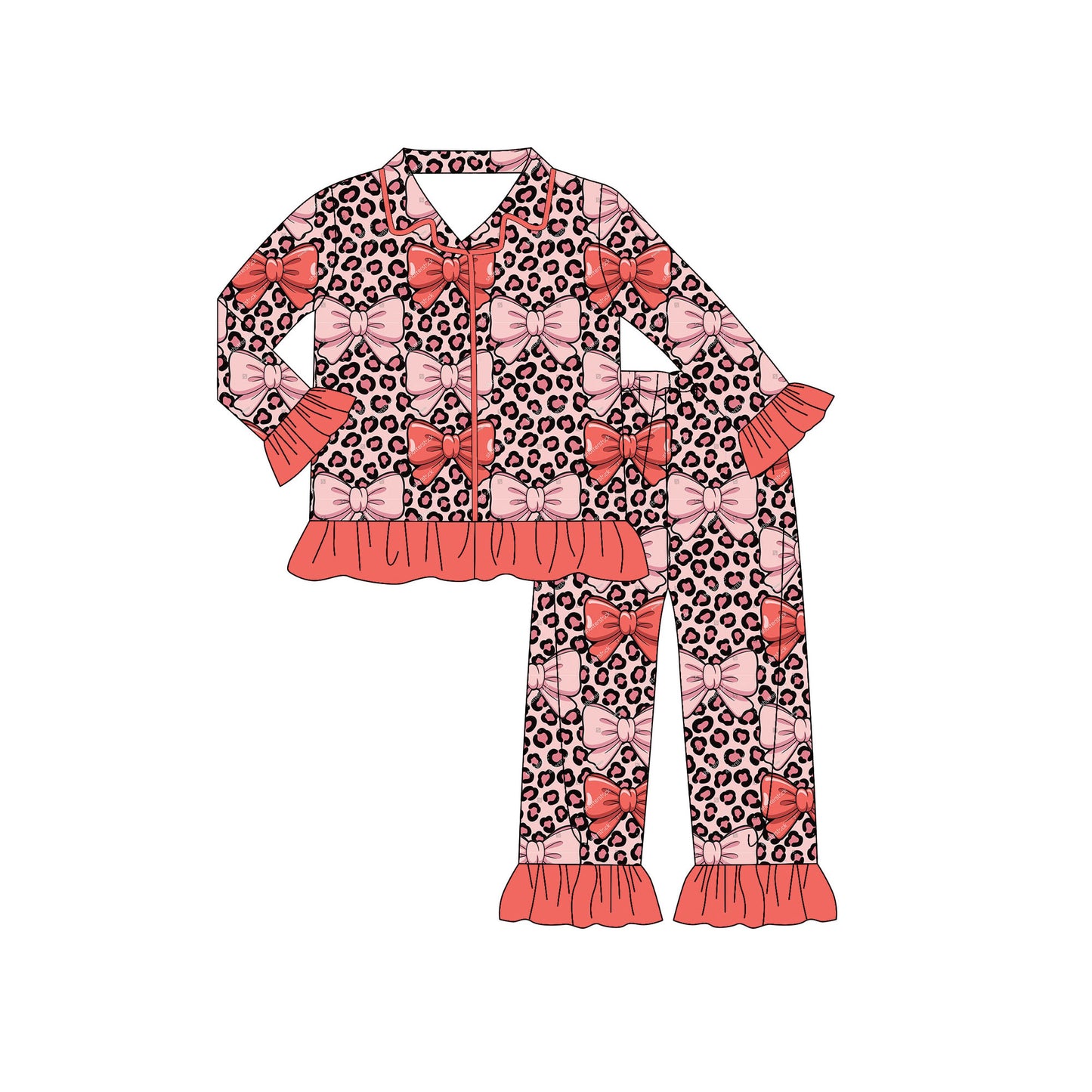 Preorder(moq 8)Baby Girls Peach Leopard Bows Button Top Ruffle Pants Pajamas Sets